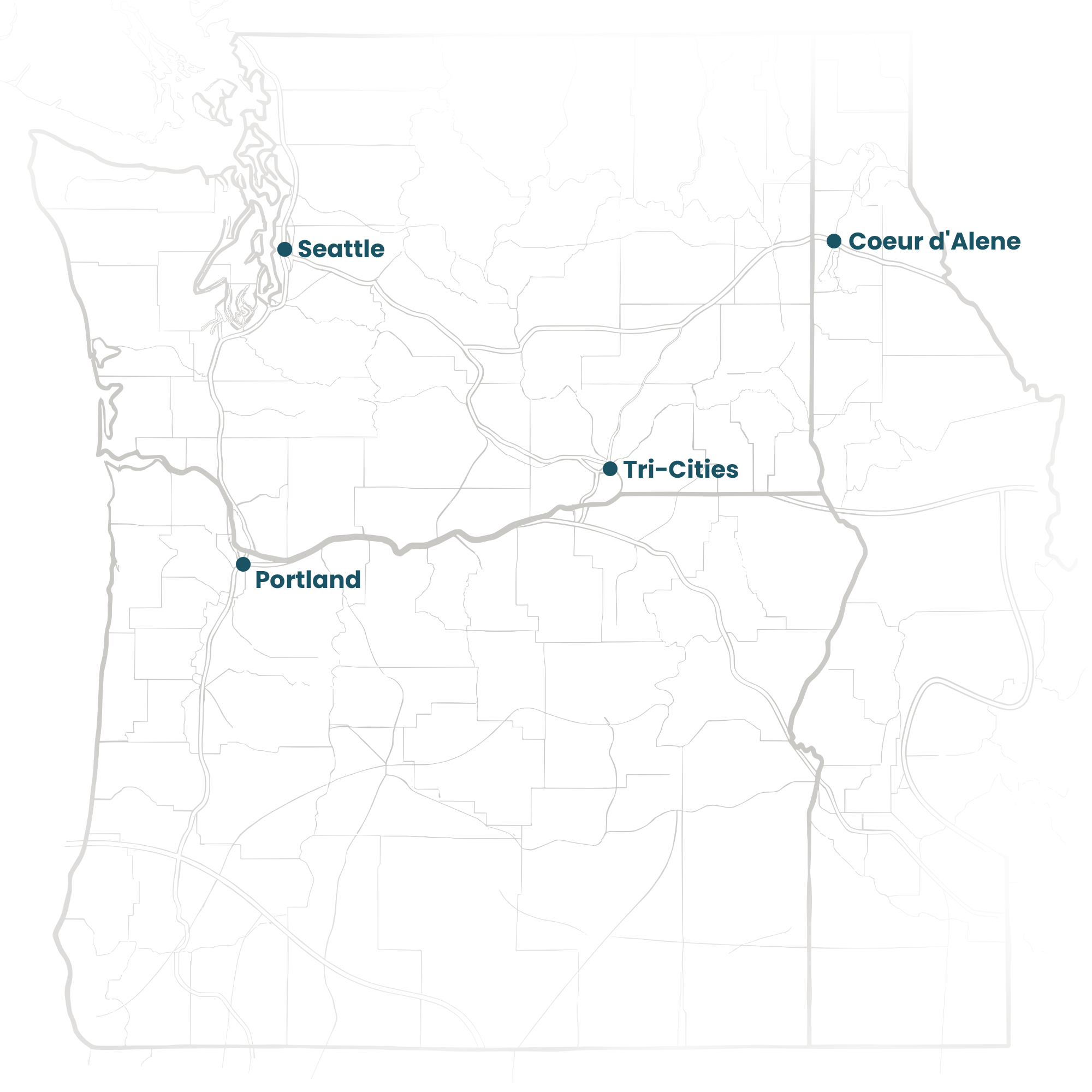 Map of Pacific Northwest with highlighted cities and routes