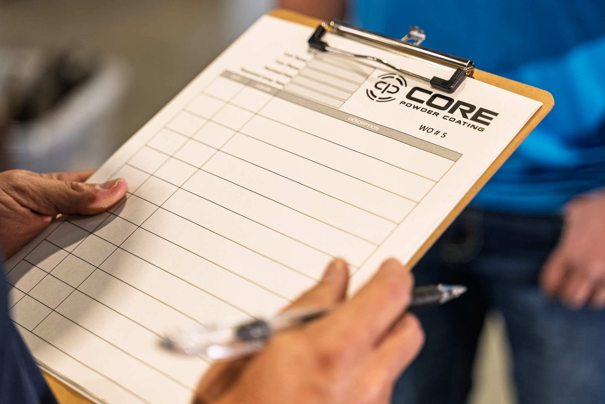 Clipboard with CORE Power Coating work order form